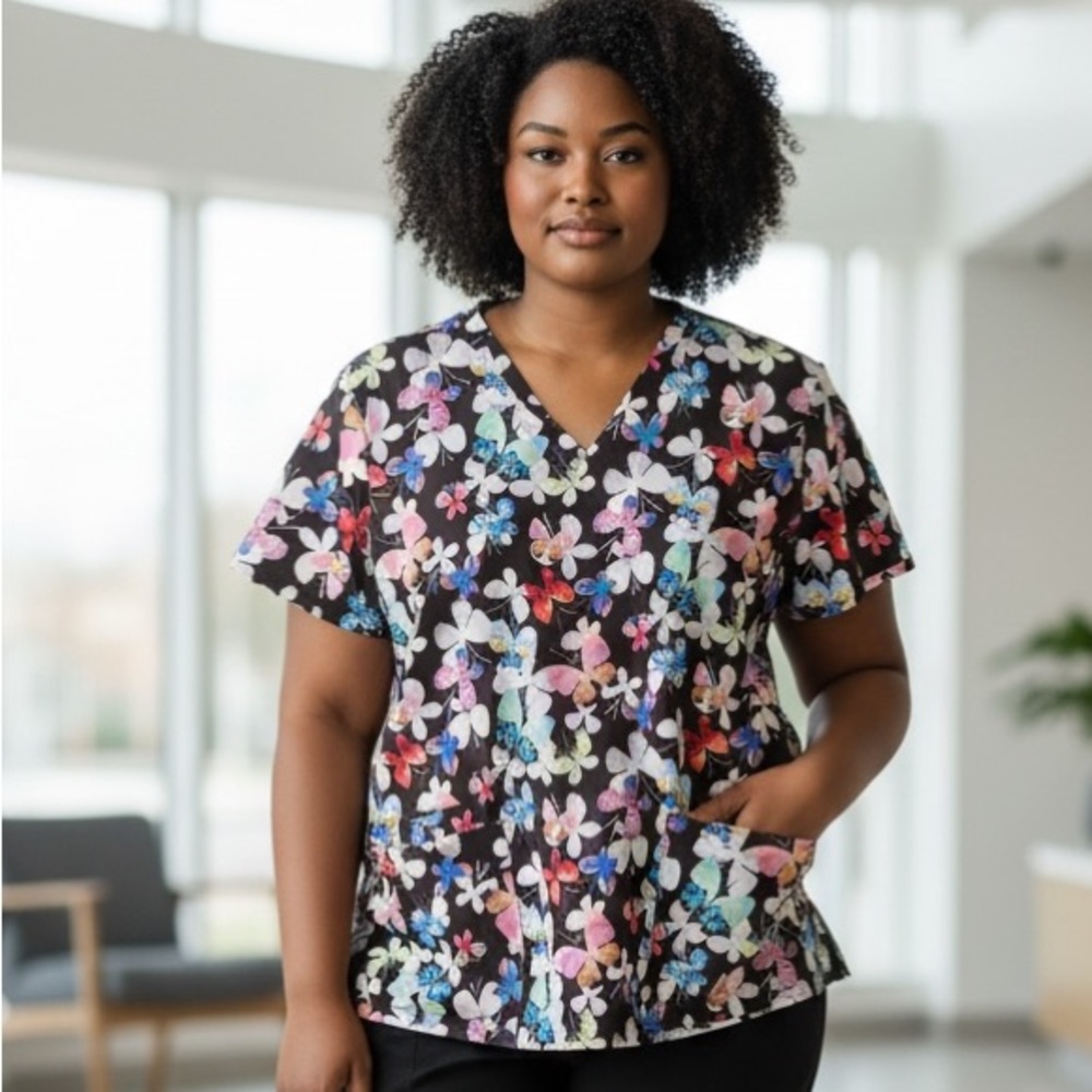 Colorful butterflies black v neck scrub top